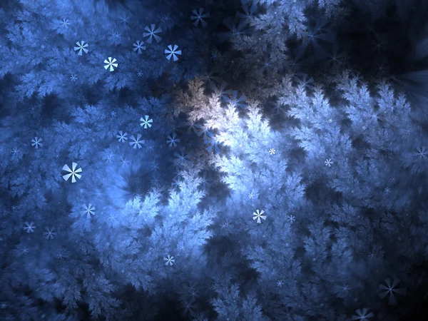 Branches d'arbres fractales avec chute de neige la nuit, illustration numérique pour la conception graphique créative — Photo