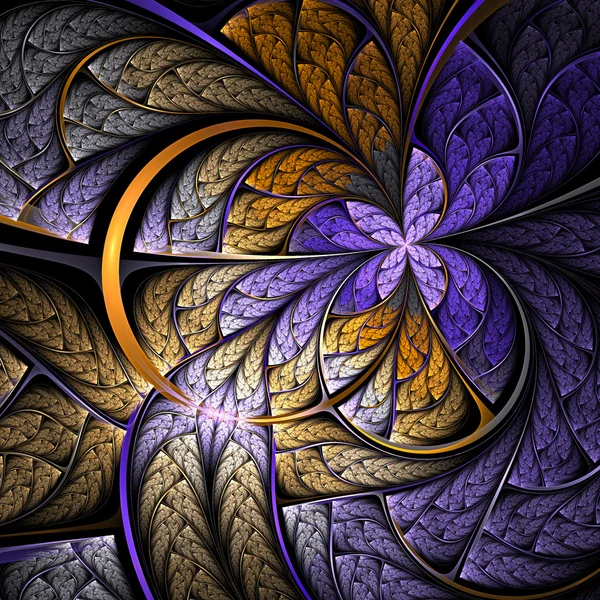 Mariposa o flor fractal púrpura y dorada, obra de arte digital para un diseño gráfico creativo — Foto de Stock