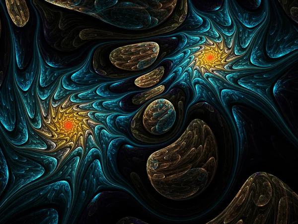 Parlak fraktal swirls içinde yaratıcı grafik tasarım için karanlık, dijital sanat — Stok fotoğraf