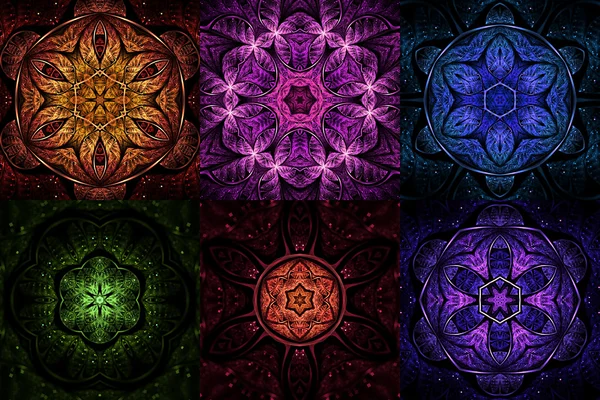 Set of rainbow colored fractal mandala shapes, digital artwork for creative graphic design — Stock Photo, Image