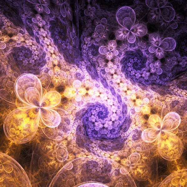Brillantes flores fractales doradas y violetas, obras de arte digitales para un diseño gráfico creativo — Foto de Stock