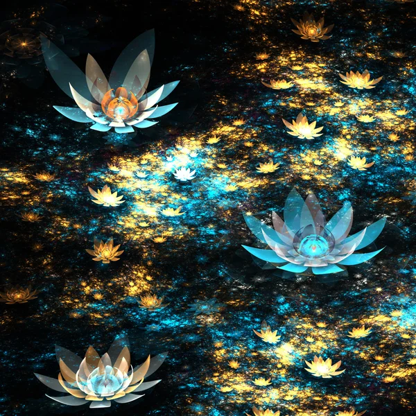 Blue and gold fractal flowers, digital artwork for creative graphic design — Stock Photo, Image