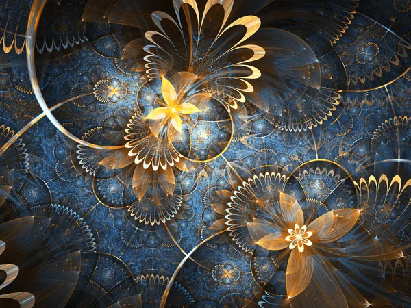Guld och blå fraktal blommönster, digitala konstverk för kreativ grafisk design — Stockfoto