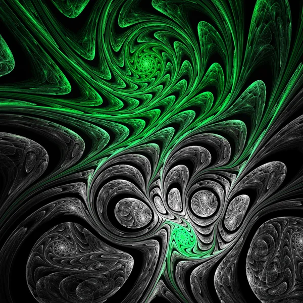 Yeşil ve gri fraktal spiraller, yaratıcı grafik tasarım için dijital sanat — Stok fotoğraf