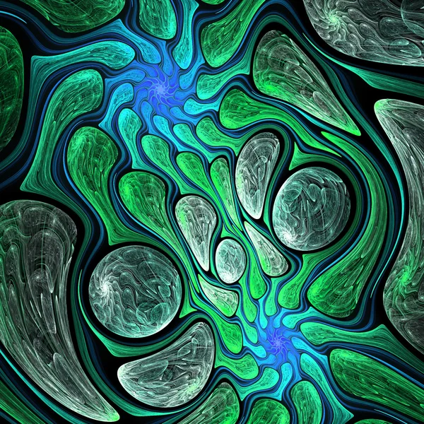绿色和蓝色的分形螺旋状排列，为平面创意设计数码艺术作品 — 图库照片