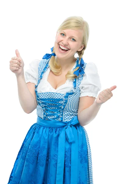 Menina no oktoberfest dirndl mostra polegares para cima — Fotografia de Stock