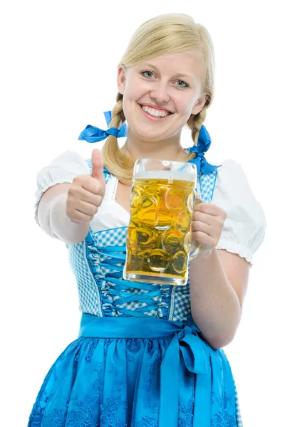 Girl in Oktoberfest dirndl holds Oktoberfest beer stein — Stock Photo, Image