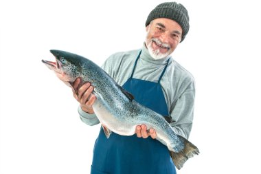Fisher holding a big atlantic salmon fish clipart