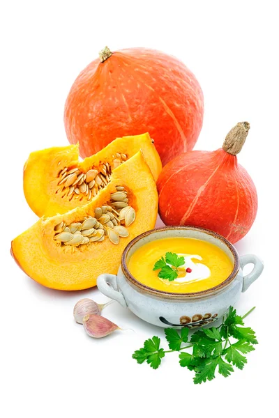 Pumpkin soup with fresh pumpkins — Stock Photo, Image