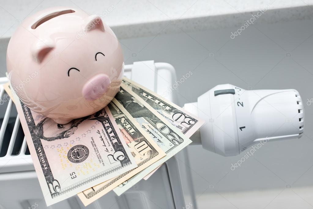 Heating thermostat with piggy bank and money