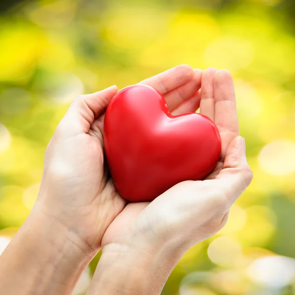 Corazón rojo en manos humanas — Foto de Stock