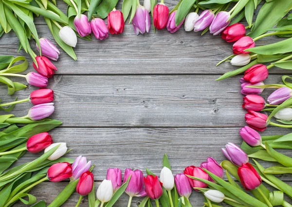 Telaio di tulipani freschi disposti su vecchio sfondo di legno — Foto Stock