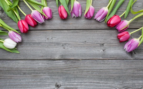 Cadre de tulipes fraîches disposées sur un vieux fond en bois — Photo