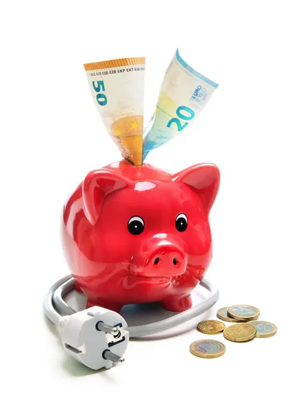 Koszt Energii Oszczędność Energii Piggy Bank Wtyczką Pieniędzmi — Zdjęcie stockowe