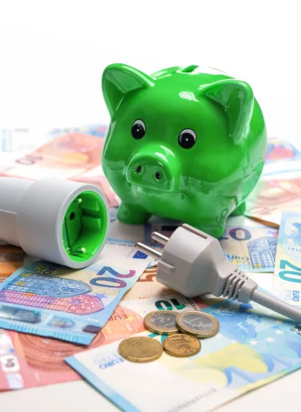 Energiaköltségek Energiatakarékosság Malacka Bank Aljzattal Dugóval Pénzzel — Stock Fotó