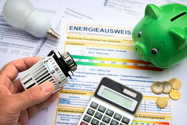 Energy Costs Concept Saving Energy Modernization Hand Radiator Thermostat Calculator — Stock Photo, Image