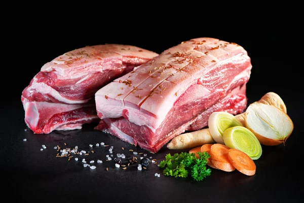 Traditional Bavarian Franconian Speciality Portioned Fresh Raw Pork Shoulder Vegetables — Stock Photo, Image