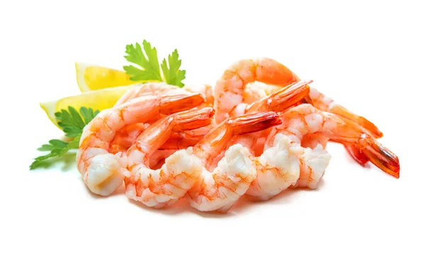 Crevettes Fraîches Garnies Persil Citron Isolé Sur Fond Blanc — Photo