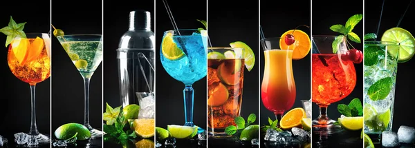 Collage of various cocktails with shaker on black background