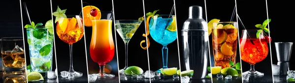 Collage Verschiedener Cocktails Mit Shaker Auf Schwarzem Hintergrund — Stockfoto