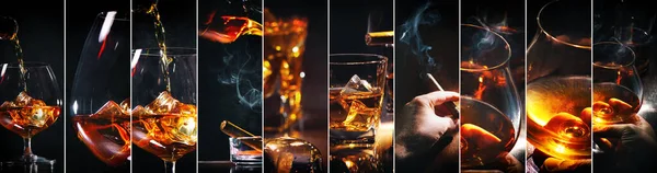 Коллаж Бокалами Виски Другого Алкоголя Кубики Льда Курение Сигары Темном — стоковое фото
