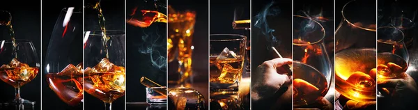 Collage Con Vasos Whisky Otro Alcohol Cubos Hielo Cigarro Para Imagen de stock