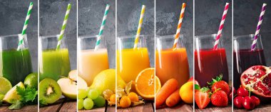 Taze meyve ve sebze sularıyla gökkuşağı renklerinde kolaj
