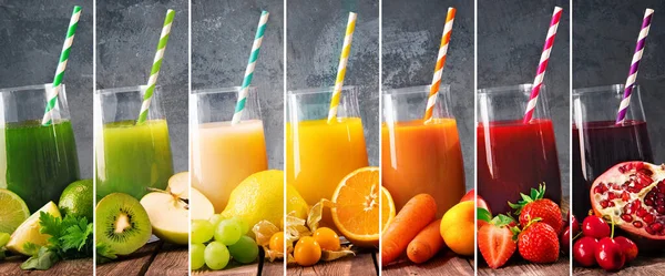 Collage Con Assortimento Succhi Frutta Verdura Fresca Nei Colori Dell — Foto Stock