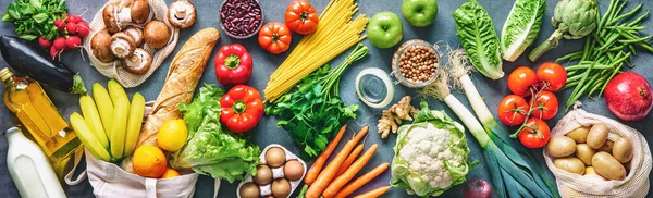 Compras Mercearias Colocação Plana Frutas Legumes Verduras Pão Óleo Sacos — Fotografia de Stock