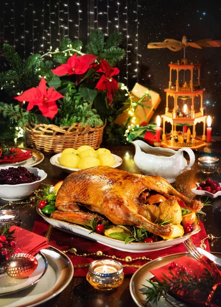 Roast Duck Served Festive Family Table Prepared Christmas Dinner Decorations — Stok fotoğraf