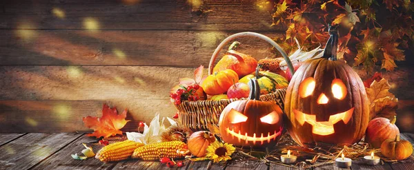 Happy Halloween Carving Pumpkins Rustic Table Harvested Vegetables Home Happy — Stock Photo, Image