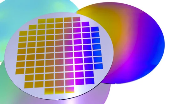 Several silicon wafers with printed circuit and different color.White background Stock Image