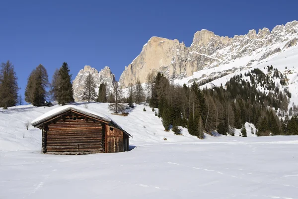 Holzhütte und Rosengarten, Costalunga Pass — Stockfoto