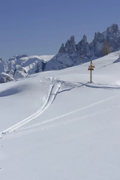 Winter landscape with guide-post, San Pellegrino pass — Stock Photo, Image