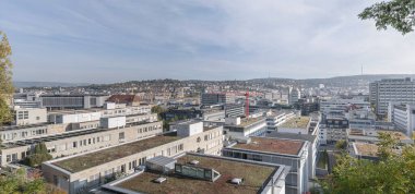 Stuttgart, Baden Wuttenberg, Almanya 'da parlak sonbahar ışığında çekilen modern binaların çim çatıları.