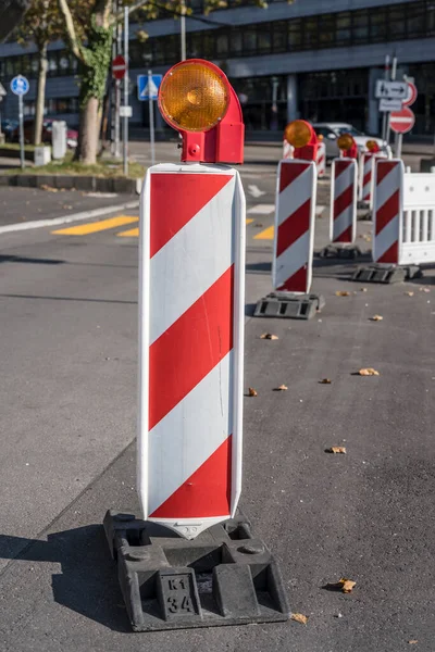 Row Signs Road Works Urban Street Shot Bright Fall Light — Stock Photo, Image