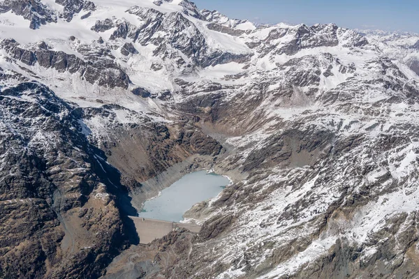 Aerial Shot Small Plane Dam Alpe Gera Lake Bernina Range — Stok fotoğraf