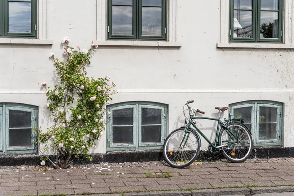 Cityscape Bike Parked Sidewalk Rose Flowers Front Traditional Picturesque House — Stock Photo, Image