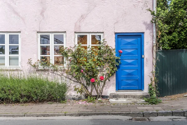 Cityscape Blue Entrance Door Traditional Picturesque House Sidewalk Flowers Shot — Stock Photo, Image