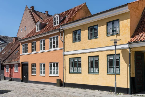 Cityscape Traditional Picturesque Houses Cobbled Street Shot Bright Light Koge — стоковое фото