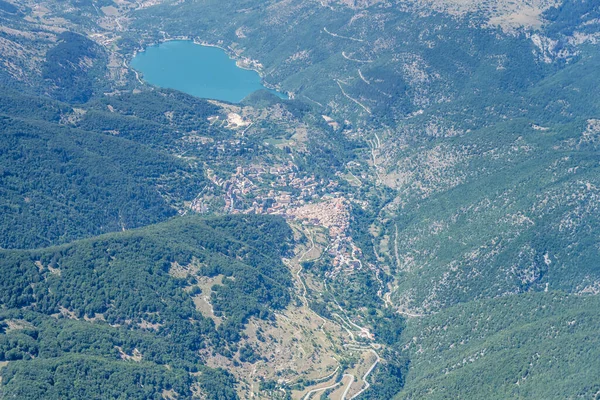 Prise Vue Aérienne Partir Petit Avion Lac Scanno Village Perché — Photo
