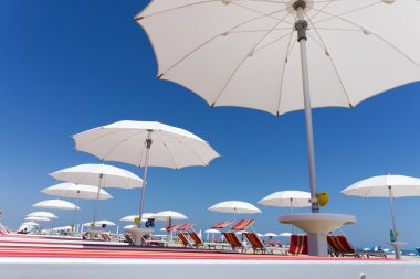 beyaz plaj şemsiyeleri sahilde rimini, İtalya