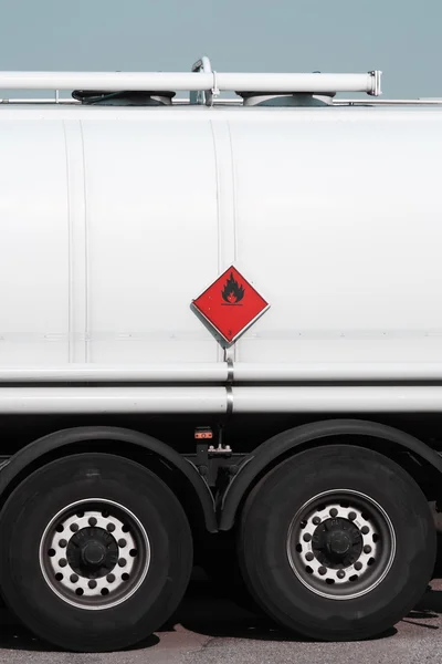 Red sign on fuel tanker truck — Stock Photo, Image