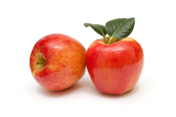 Красные яблоки фрукты с листьями на белом фоне — стоковое фото