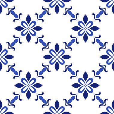 Azulejos Portekiz geleneksel süslemeli, mavi ve beyaz pürüzsüz desenli. Vektör illüstrasyonu