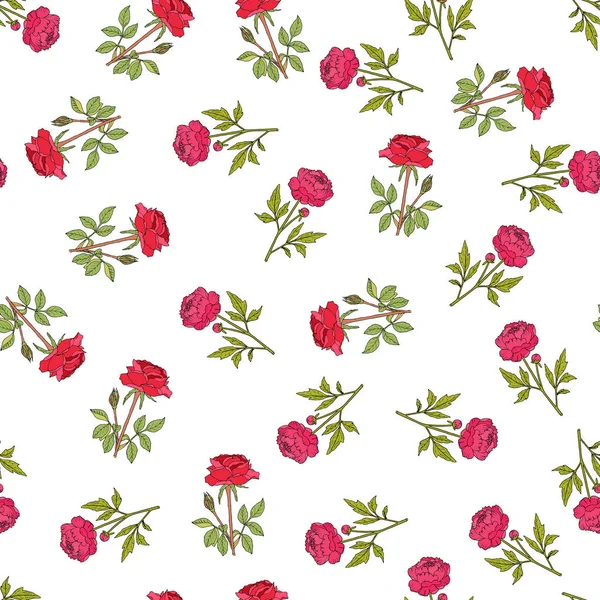 Seamless pattern with red rose and peony — Stock Vector