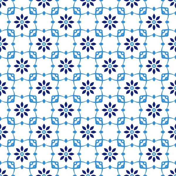 Azulejos португальская традиционная декоративная плитка, голубой и белый бесшовный узор — стоковый вектор