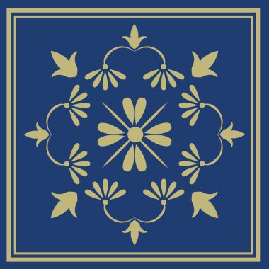 Klasik süslemeli, mavi arkaplanda altın desenli.