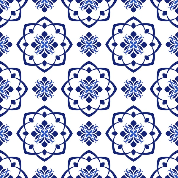 Azulejos portuguesa tradicional azulejo ornamental, azul y blanco patrón sin costura — Vector de stock