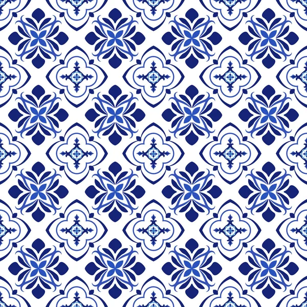 Azulejos portugalski tradycyjne płytki ozdobne, niebieski i biały bezszwowy wzór — Wektor stockowy